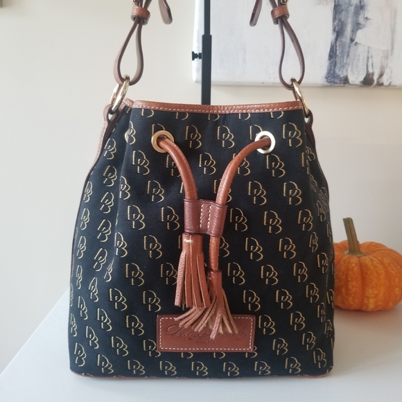 Dooney & Bourke Drawstring Bucket Bag  Canvas Leather Trim - Picture 1 of 15
